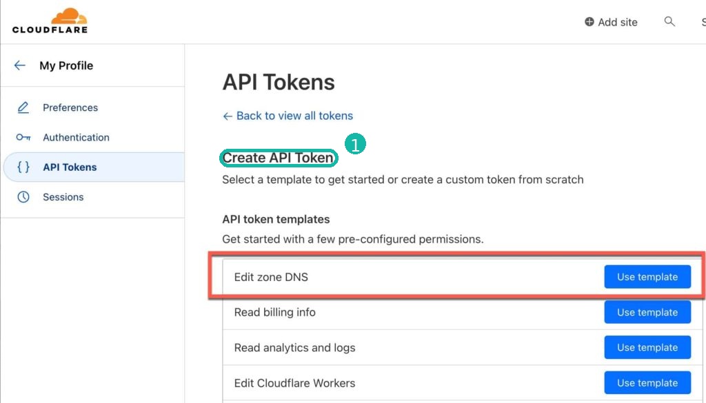 Cloudflare API Token 页面截图，已圈出 Create API Token 位置