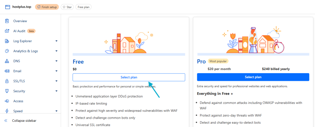 社区教程里在 Cloudflare 选择 Free 方案的真实截图