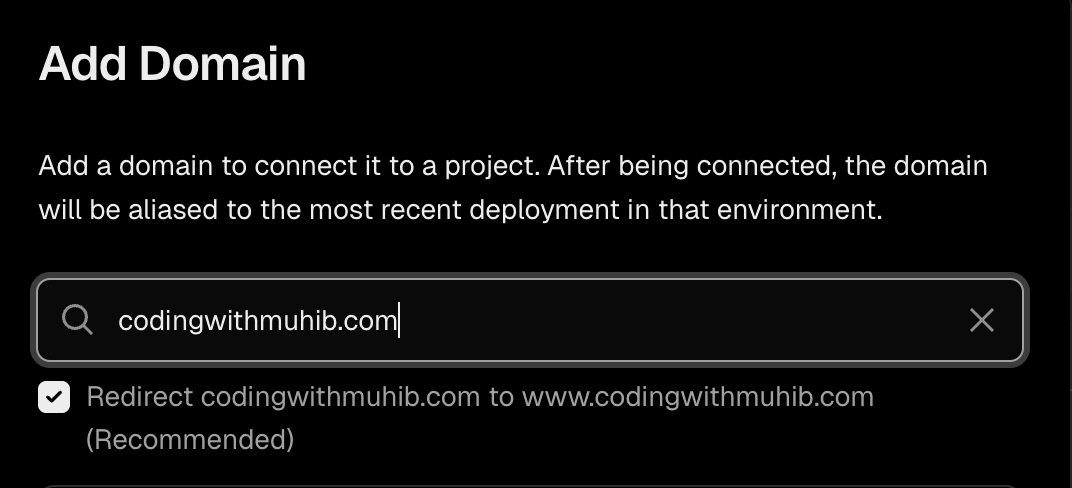 社区教程作者在 Vercel Domains 页面添加自定义域名的真实截图