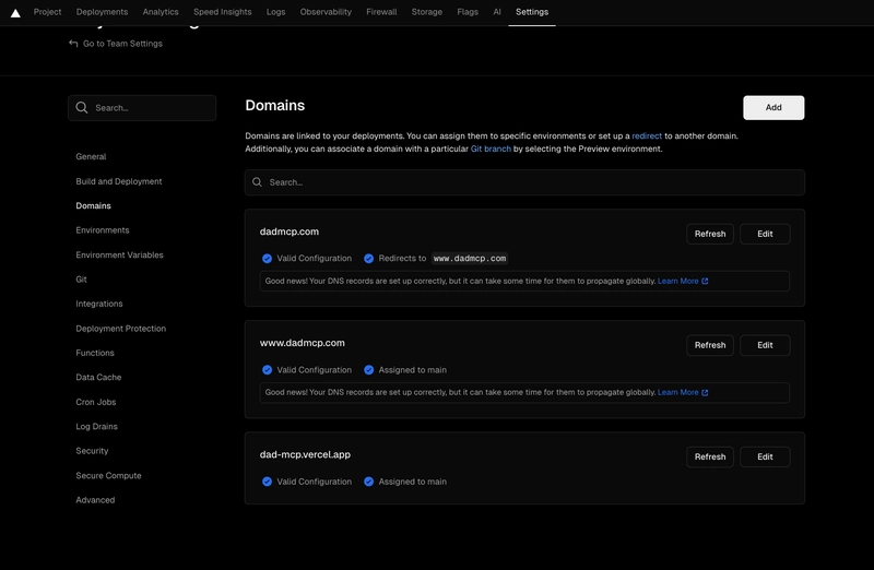 DEV 社区教程里 Vercel 域名配置生效后的真实截图