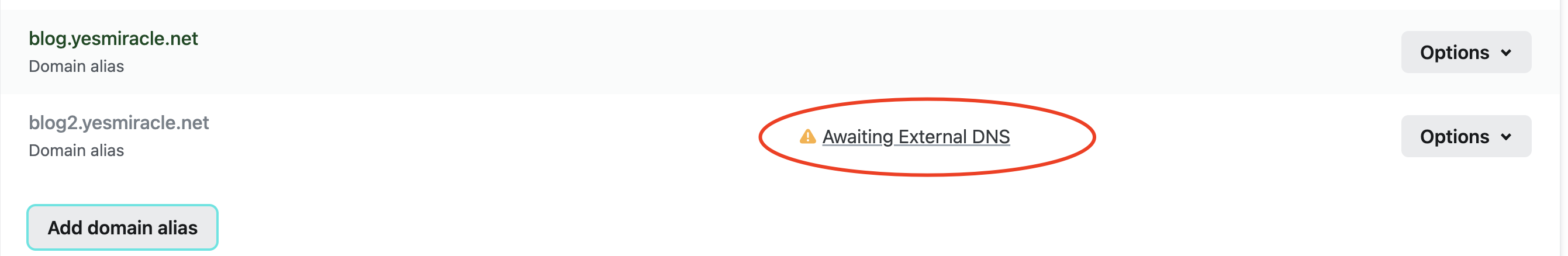 社区教程作者在 Netlify 中看到 Awaiting external DNS 状态的真实截图