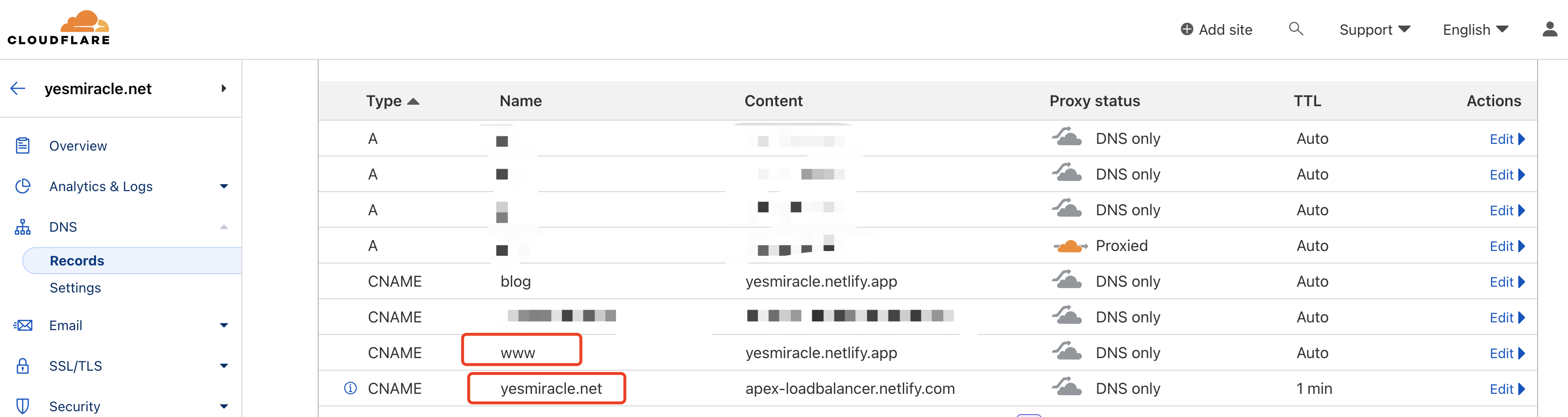 社区教程作者在 Cloudflare 中给 Netlify 站点补 DNS 记录的真实截图
