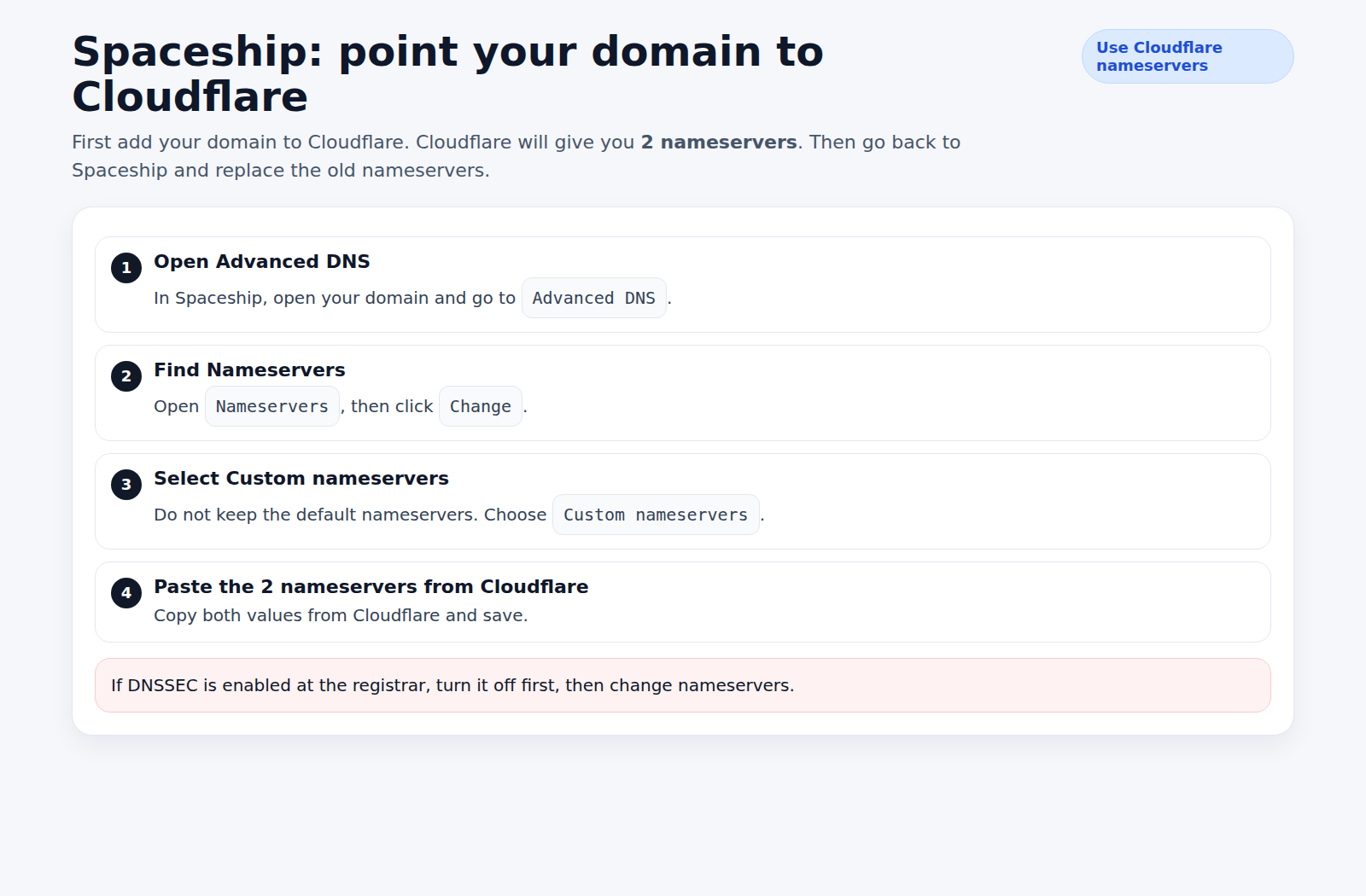 实际在 Spaceship 后台把 nameservers 改成 Cloudflare 的截图