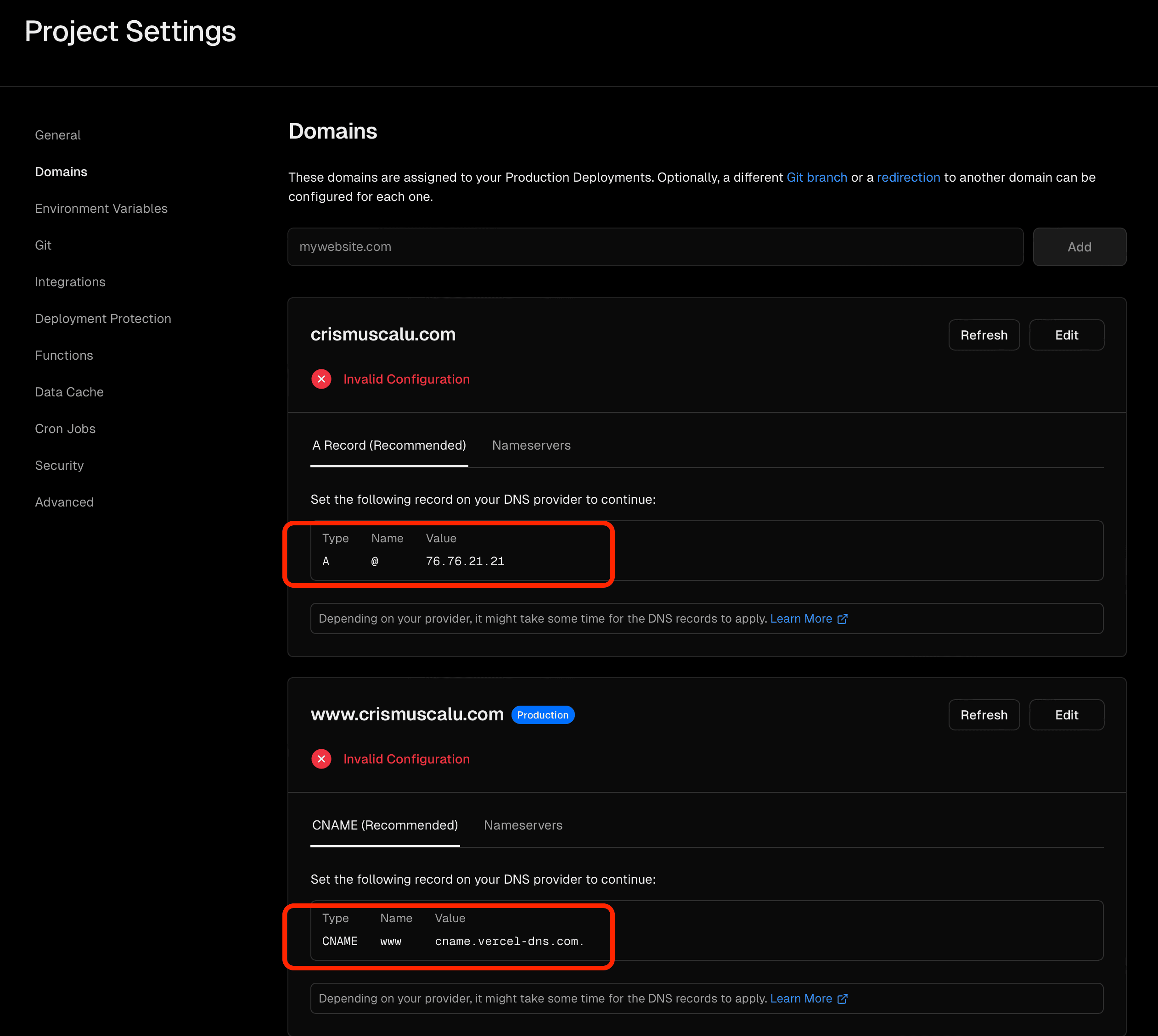 社区教程里 Vercel 提示根域名使用 A 记录的真实截图
