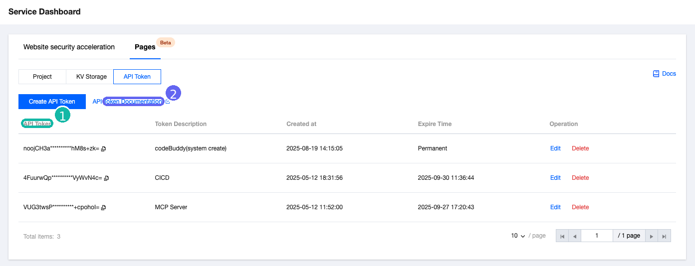 EdgeOne Pages API Token 页面截图，已圈出 API Token 标签页位置