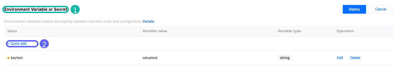 EdgeOne Pages Environment Variable or Secret 页面截图，已圈出页面标题和 Quick add 位置