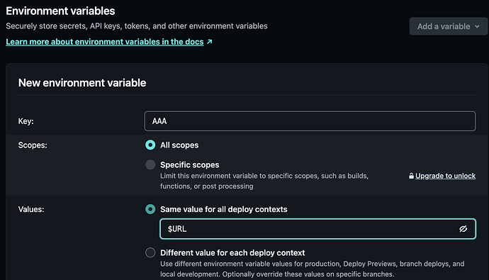 Netlify 论坛用户贴出的环境变量页面实际截图