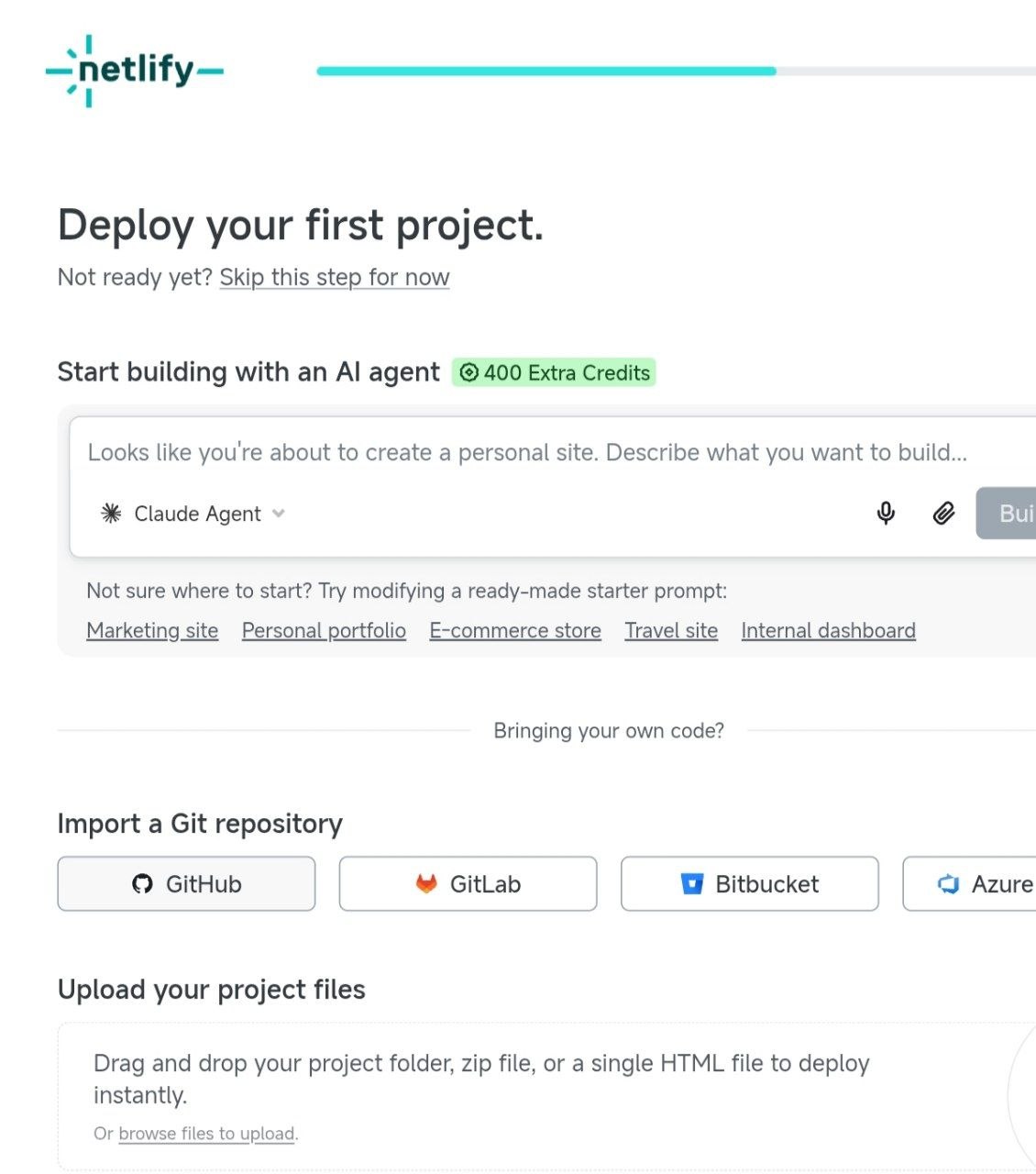 用户实际操作时在 Netlify 的 Add new project 页面选择 GitHub 导入仓库的截图