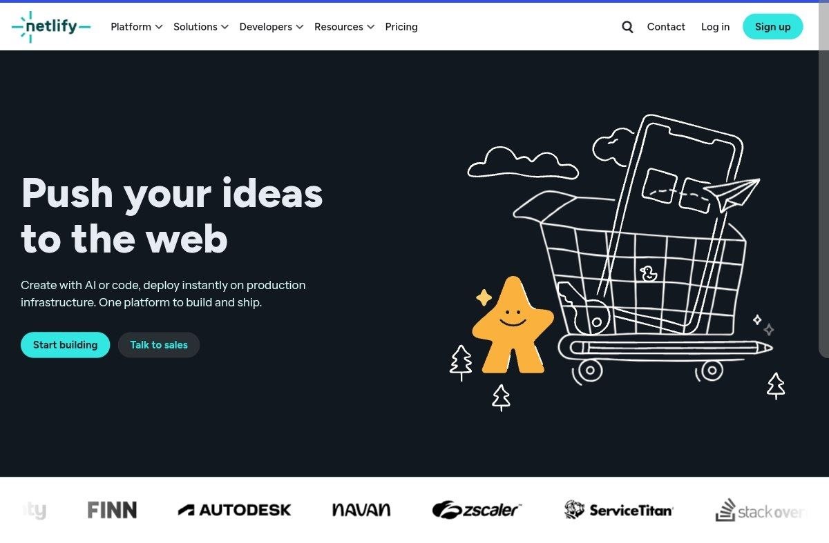 用户实际操作时打开 Netlify 首页，右上角可以看到 Log in 和 Sign up 的截图