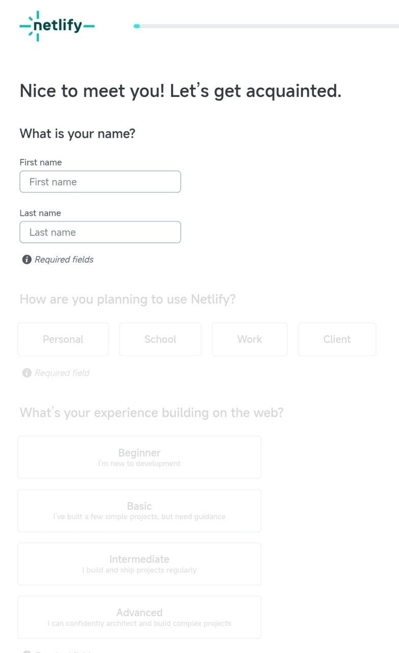 用户实际操作时在 Netlify 注册过程中填写资料的截图