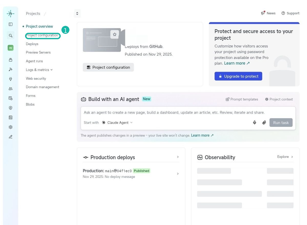 用户提供的 Netlify 项目页面截图，已圈出 Project configuration 入口