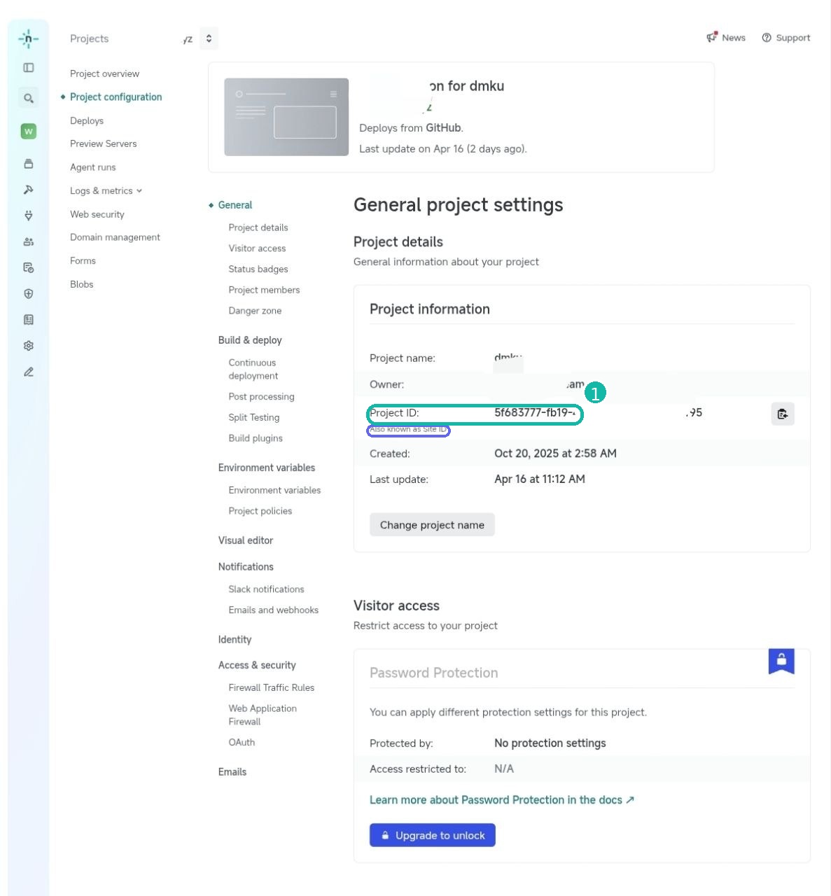 用户提供的 Netlify Project details 页面截图，已圈出 Project ID 位置