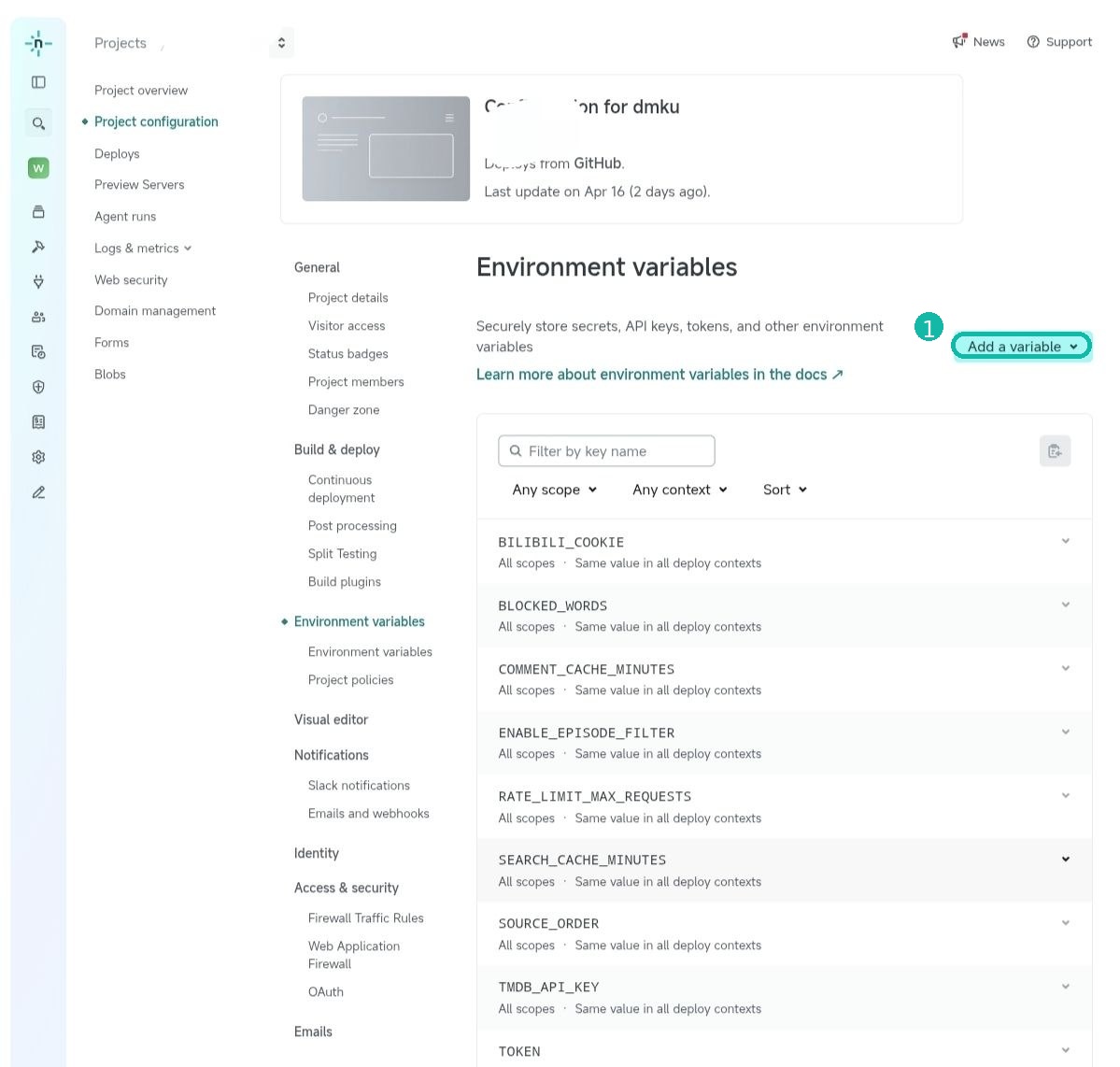 用户提供的 Netlify Environment variables 页面截图，已圈出 Add a variable 按钮