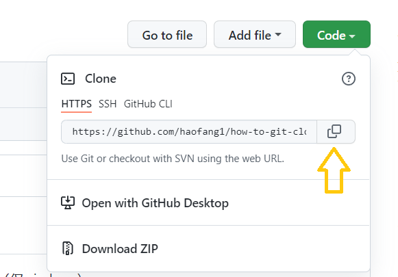 GitHub 页面里点击 Code 并复制仓库 HTTPS 地址的截图