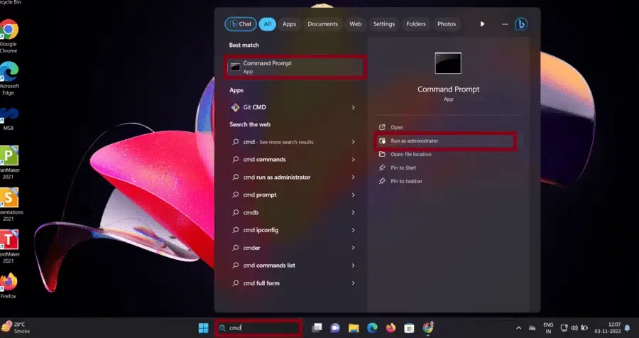 Windows 开始菜单里搜索 cmd 并打开命令提示符的截图