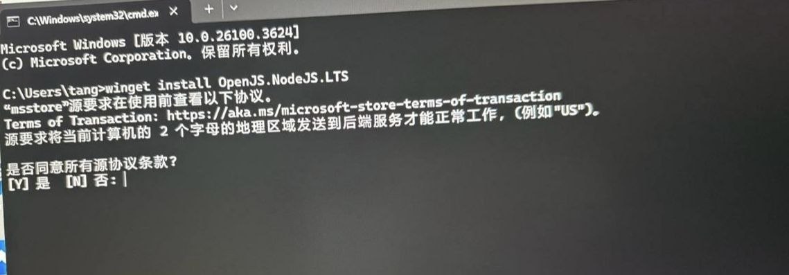 Windows 命令提示符里安装 Node.js 时弹出源协议确认的截图