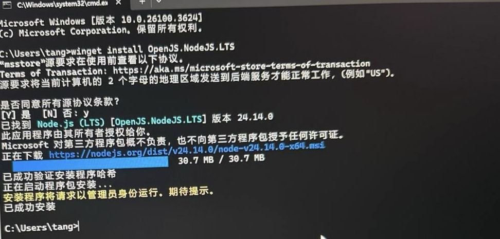 Windows 命令提示符里通过 winget 安装 Node.js 成功后的截图