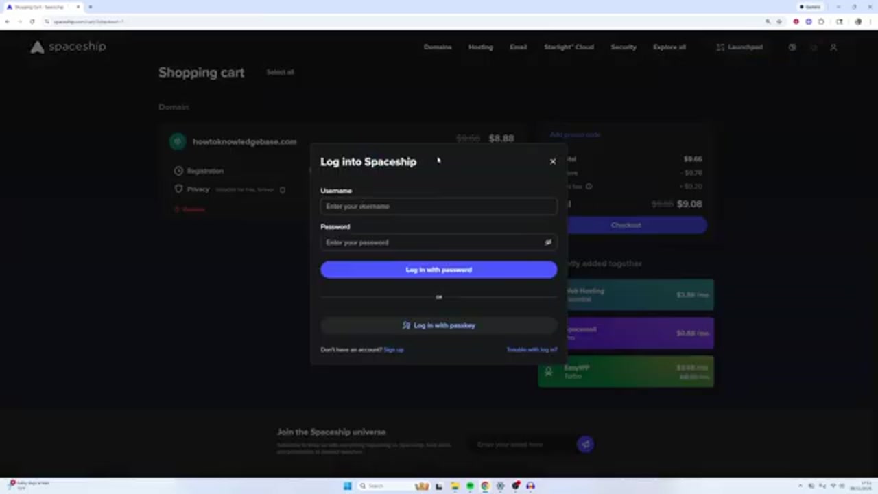 创作者实际录屏里 Spaceship 购物车和登录页面截图