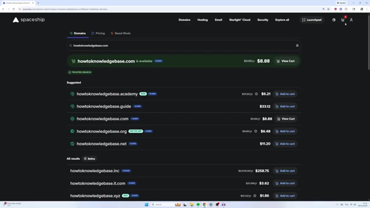 创作者实际录屏里 Spaceship 搜索结果和加入购物车的截图
