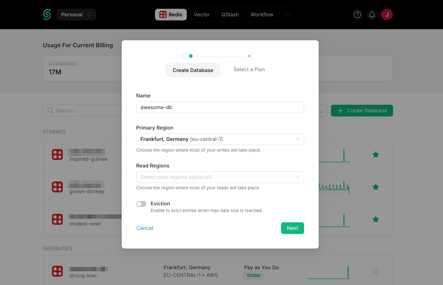 Upstash 官方控制台创建 Redis 数据库的实际截图