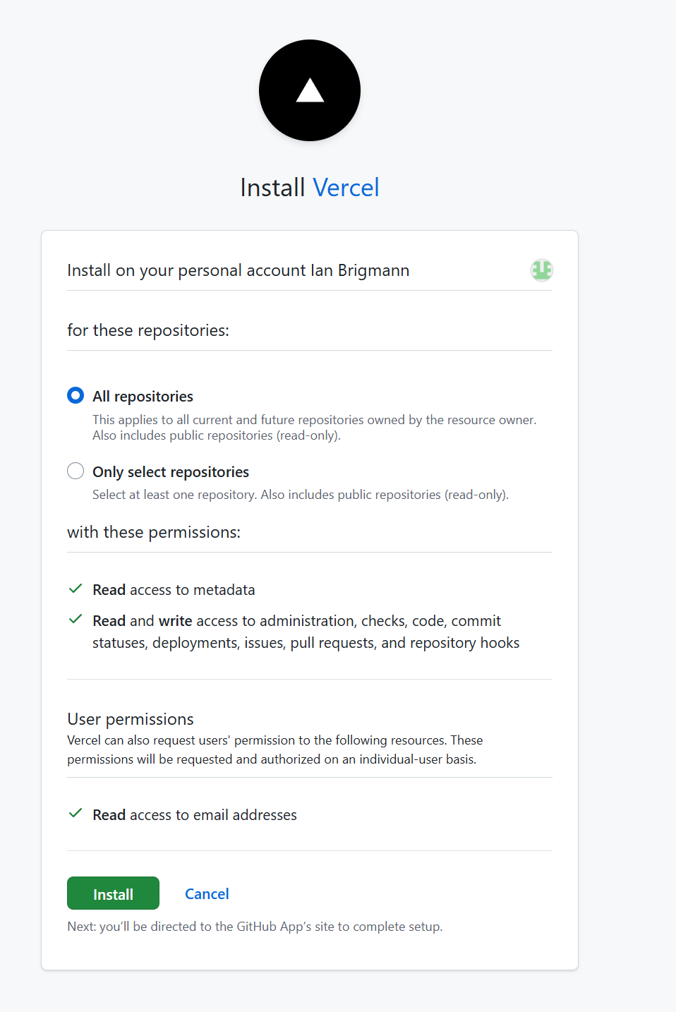 GitHub 授权页面里选择仓库权限并点击 Install 的社区真实截图