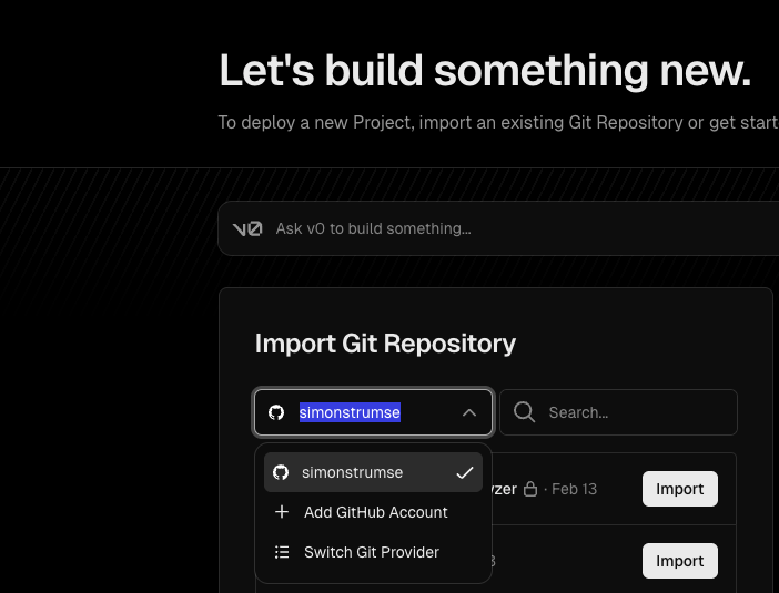 Vercel Import Git Repository 页面社区真实截图