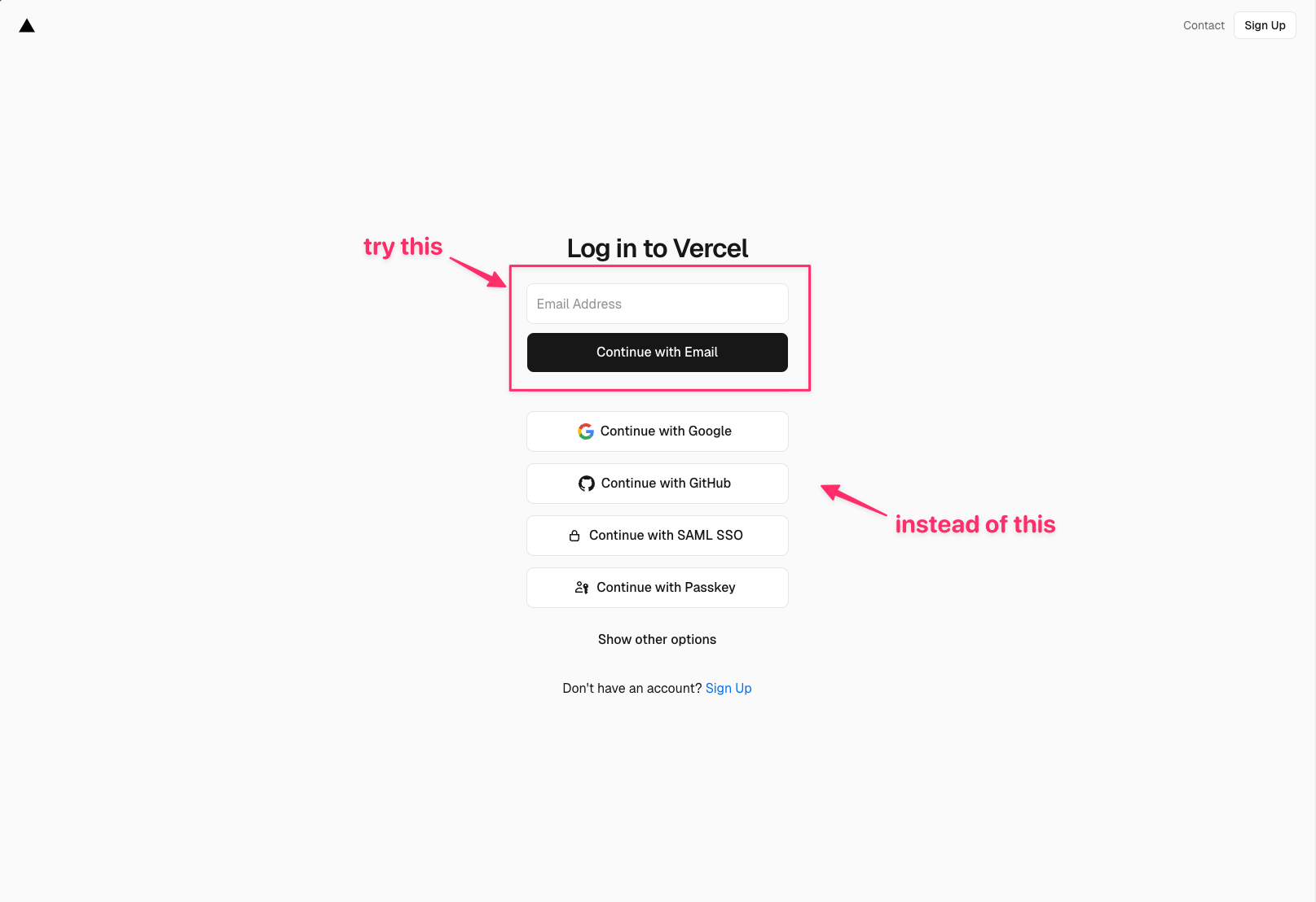 Vercel 登录页社区真实截图，页面包含 Continue with GitHub 和 Sign Up 入口